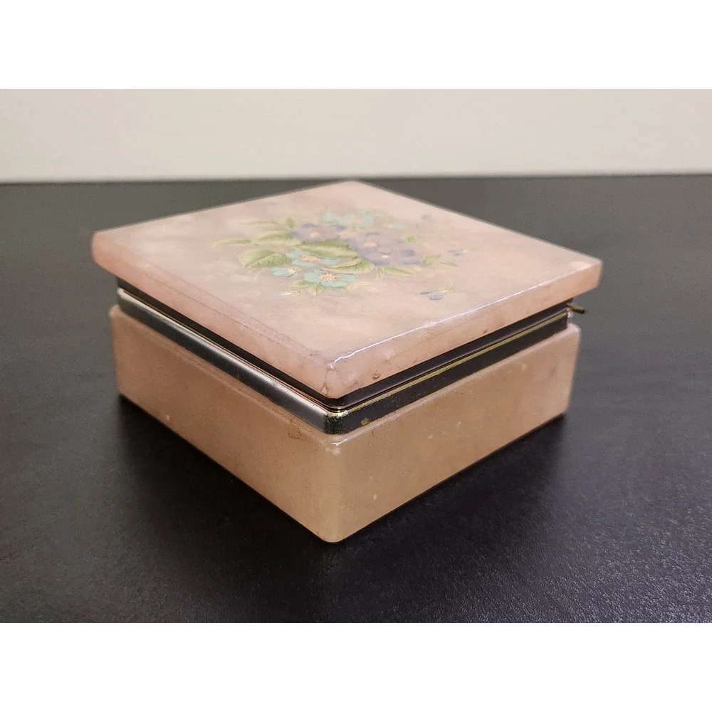 Vtg  Hinged Make Up Pill Box Pink Trinket Ring Marble Flower Print 2.5